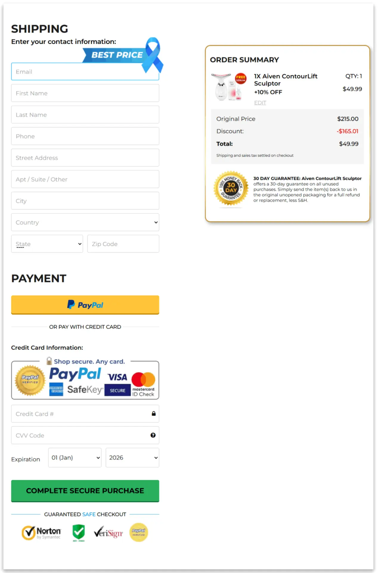 Aiven ContourLift Sculptor Secure Checkout Page